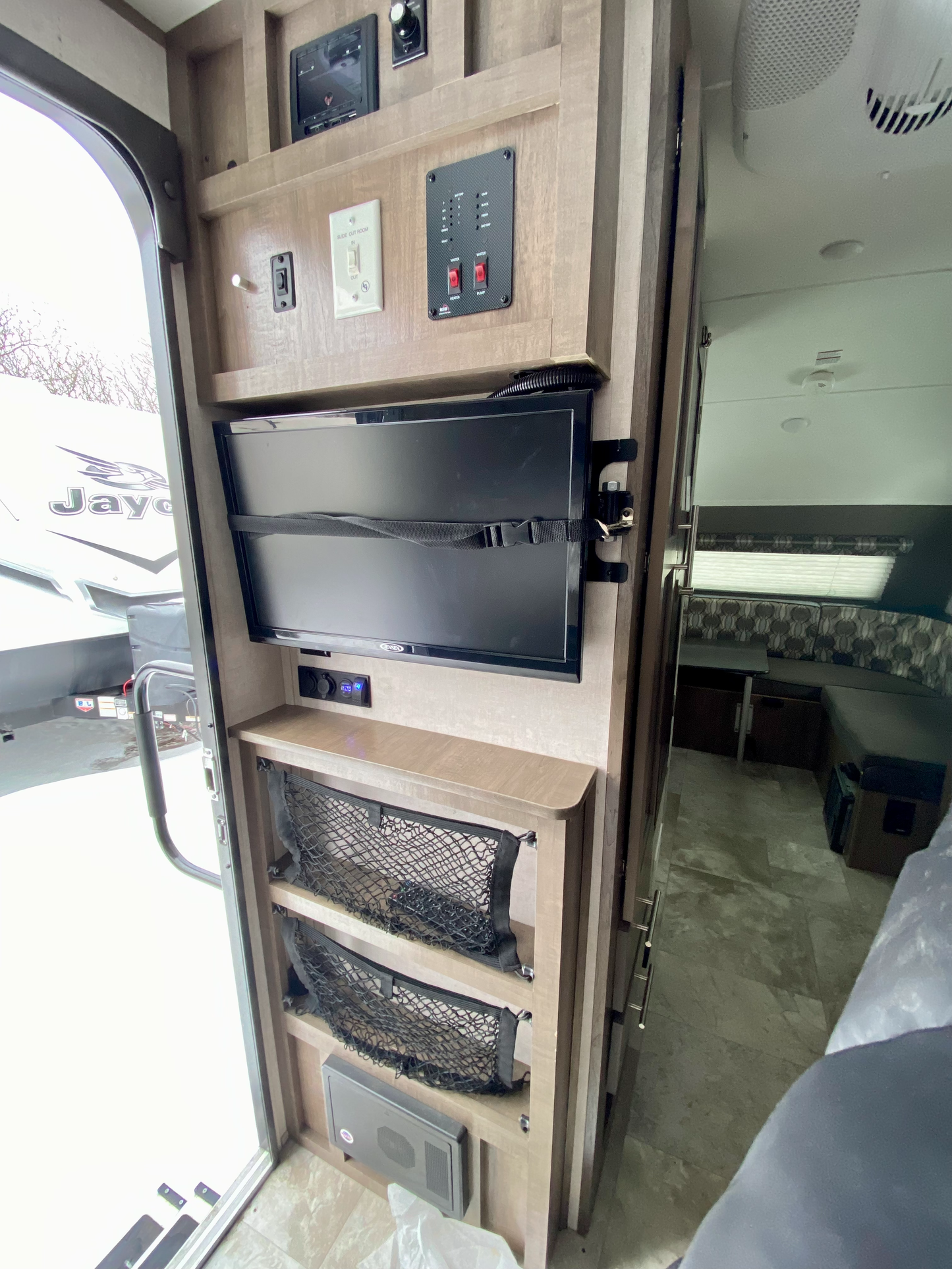 2018 Forest River R-Pod RP176 Travel Trailer showing TV entertainment centre storage area and control panels