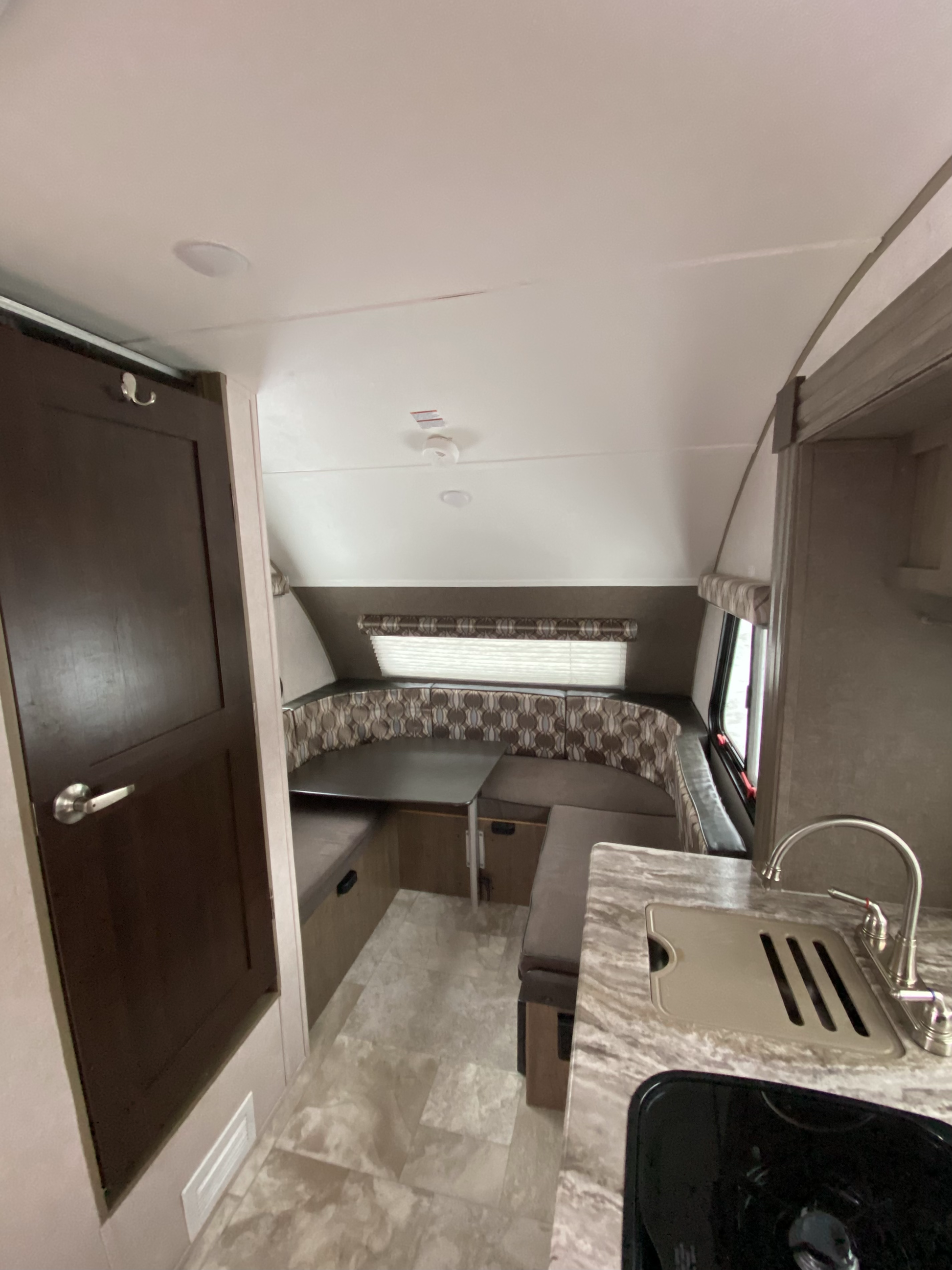 2018 Forest River R-Pod RP176 Travel Trailer showing dinette view and wet bath door entry