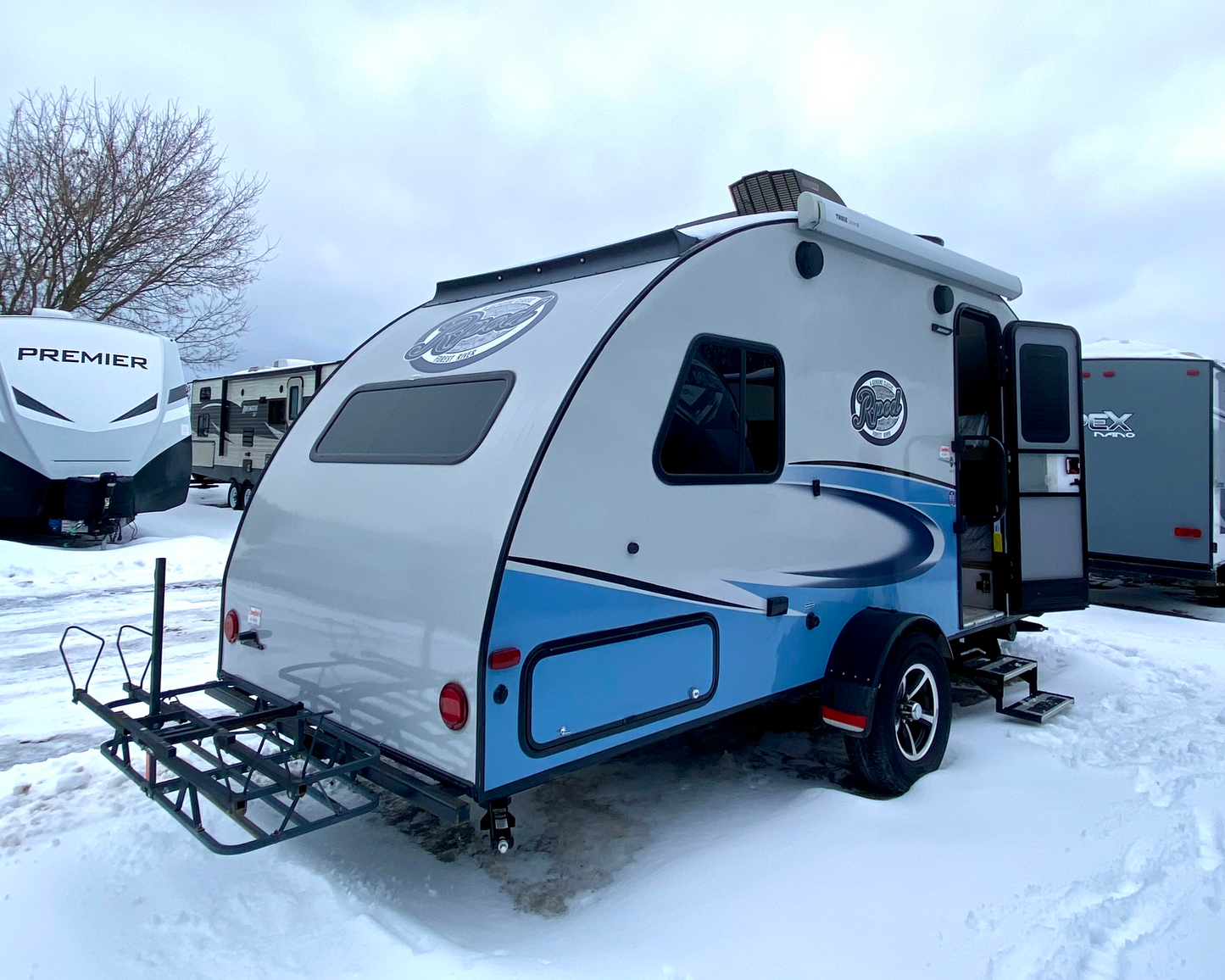 2018 Forest River R-Pod RP176 Travel Trailer exterior showing open door and bike rack