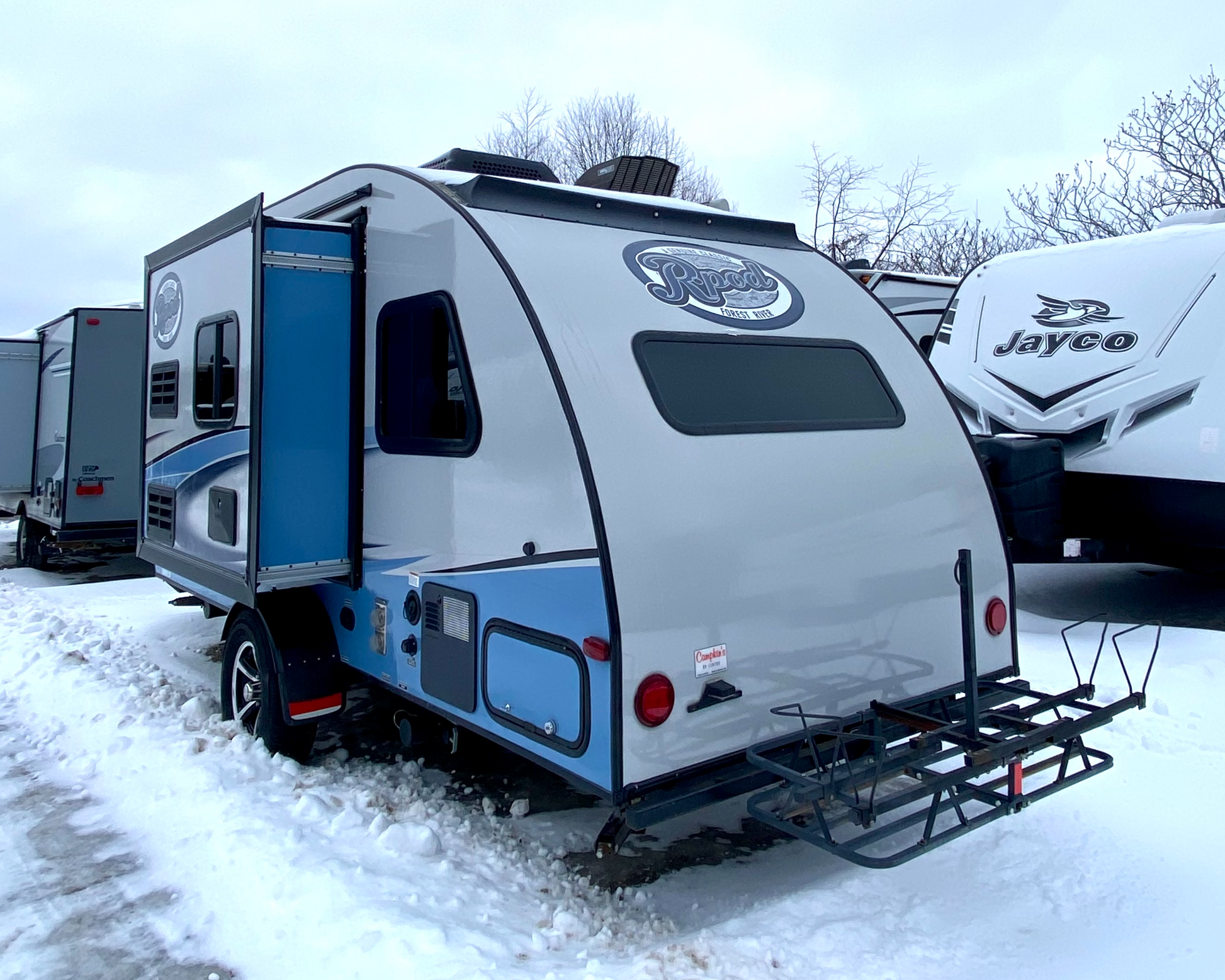 2018 Forest River R-Pod RP176 Travel Trailer showing back of trailer open slide and bike rack