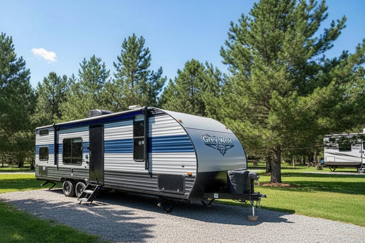 Travel trailer parked on campsite with another trailer in the background.